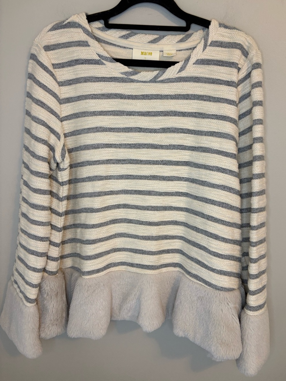 Maeve Anthropologie Striped Faux Fur Hem Knit Top Small